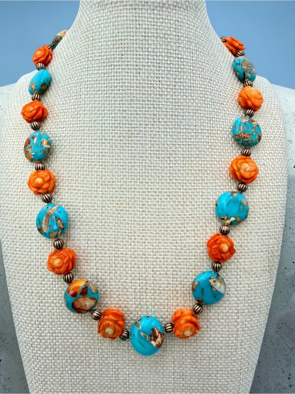 Artisan Hand Knotted Emperor Jasper Carved Coral floral bead Copper Necklace 18” - Picture 8 of 17